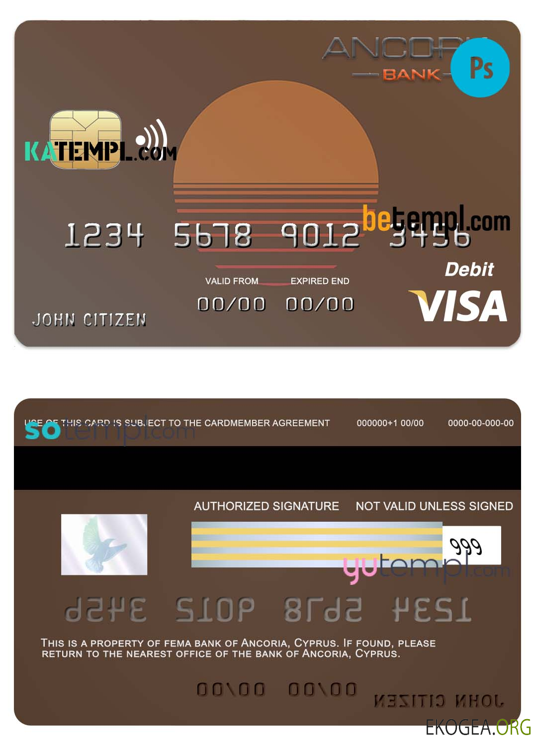 Modèle de carte de crédit visa bancaire Chypre Ancoria au format PSD, entièrement modifiable